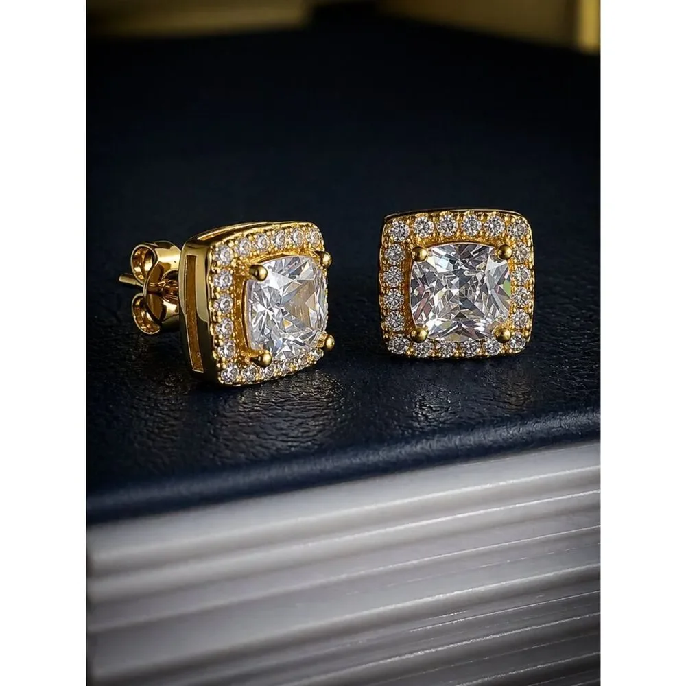 Gold Square Micro Pave Stud Earrings